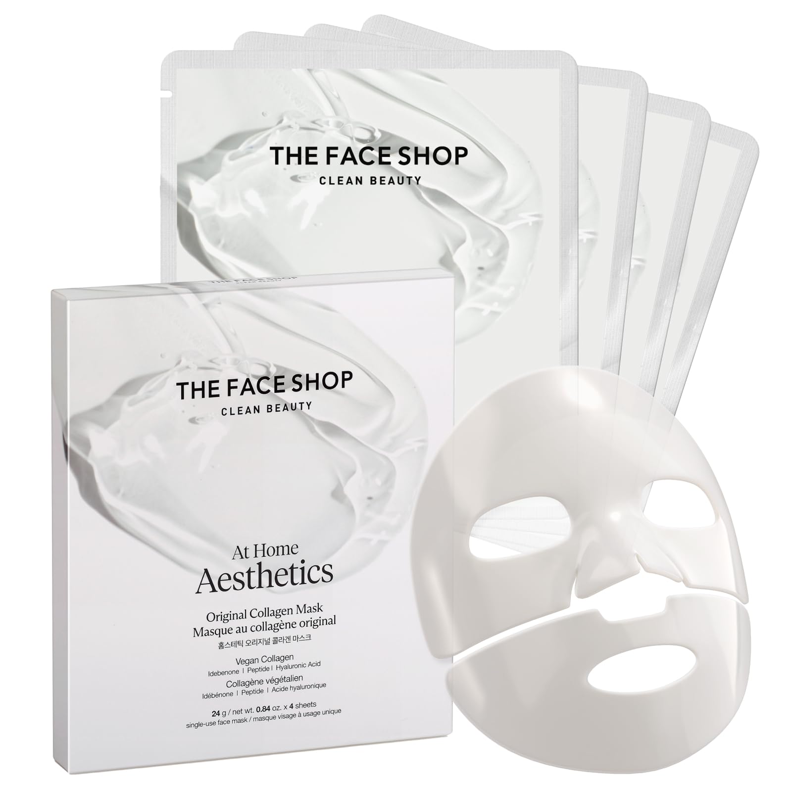 THE FACE SHOP Original Vegan Collagen Face Mask, Korean Glass Skin Essential, Peptide Hydrogel Mask for Firming & Skin Elasticity, Moisturizing, 4EA